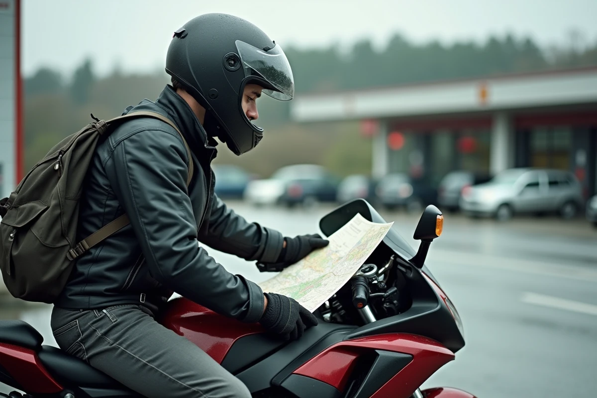 Motard en pause sur une Honda CBR 1000 F chargée pour un voyage longue distance, consultant une carte routière sur l'aire d'autoroute