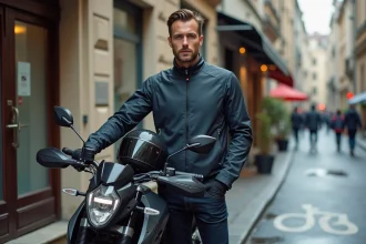 Motard urbain posant avec sa moto trail polyvalente garée sur un trottoir en ville, équipé d'une veste textile et d'un casque intégral