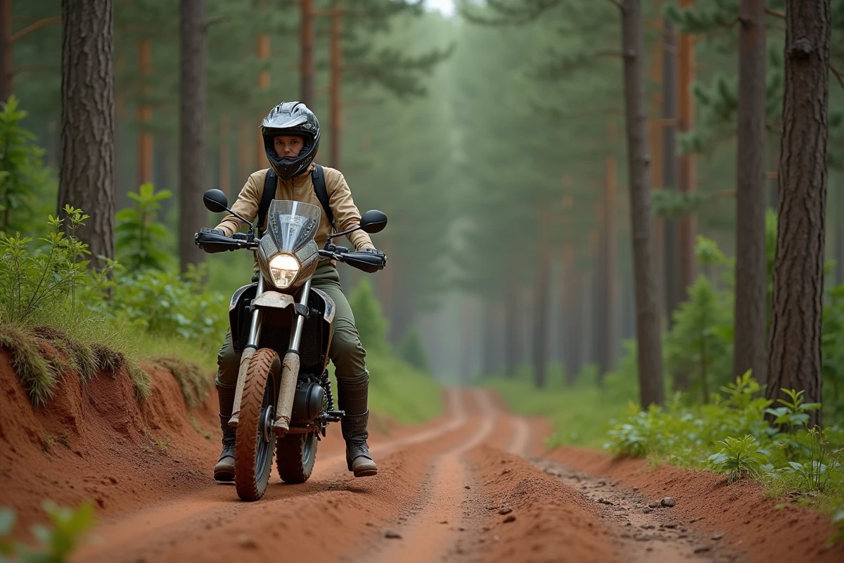 Motarde en équipement d'aventure accroupie près de sa moto trail sur un chemin forestier boueux lors d'une sortie week-end