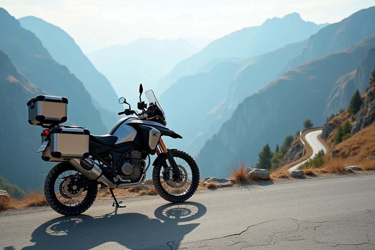 Moto trail avec valises aluminium garée seule sur un col de montagne avec panorama alpin en arrière-plan, évoquant les voyages longue distance