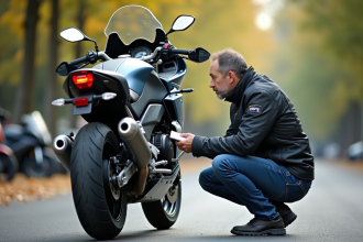 Motocycliste homme vérifiant sa moto en extérieur