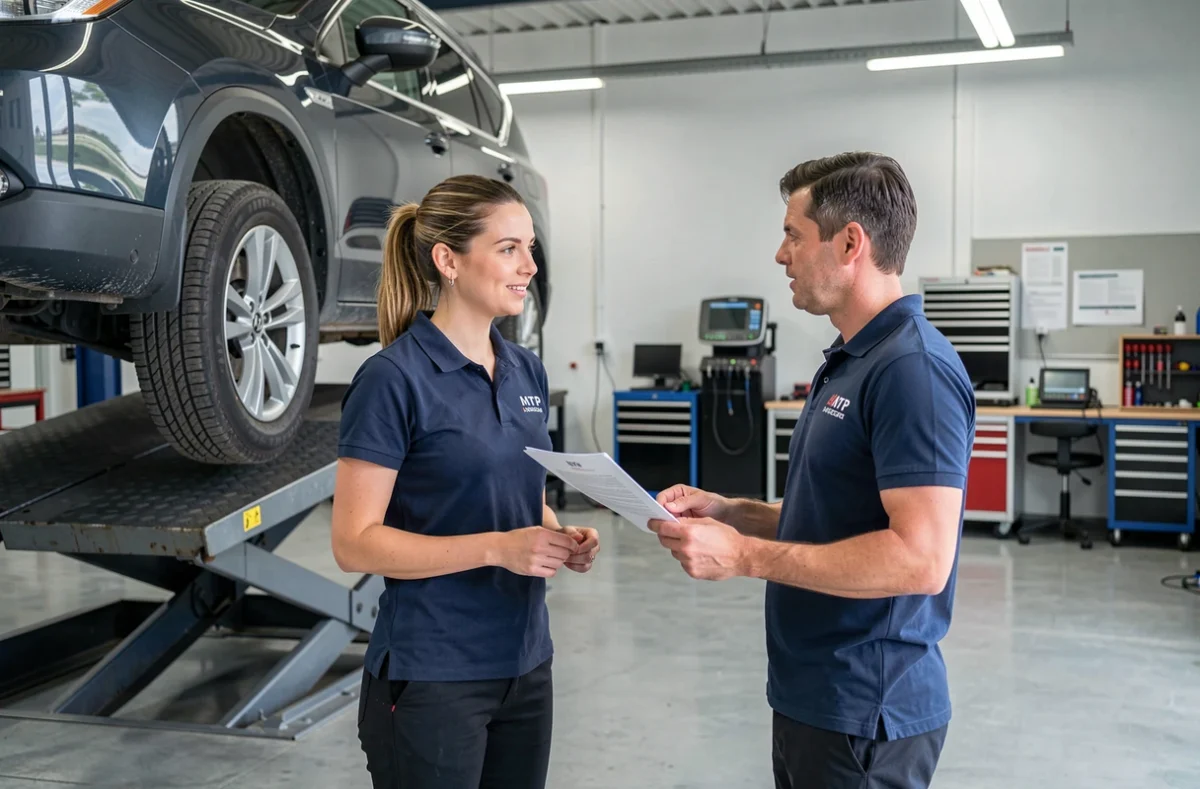 Conseillère du garage MTP 45 discutant d'un devis avec un client dans l'atelier de réparation automobile du Loiret