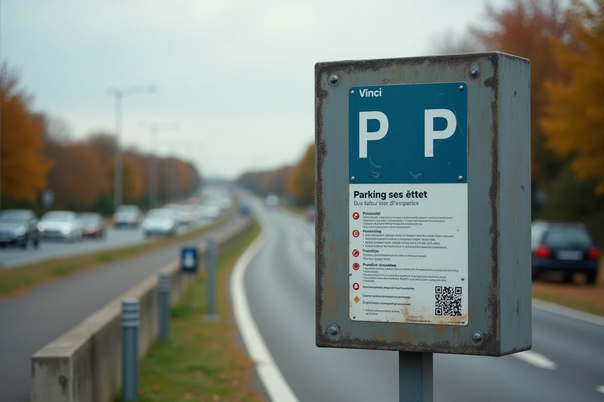 Panneau d'information du parking Vinci Autoroutes à La Chapelle Saint Mesmin indiquant les règles et tarifs de stationnement