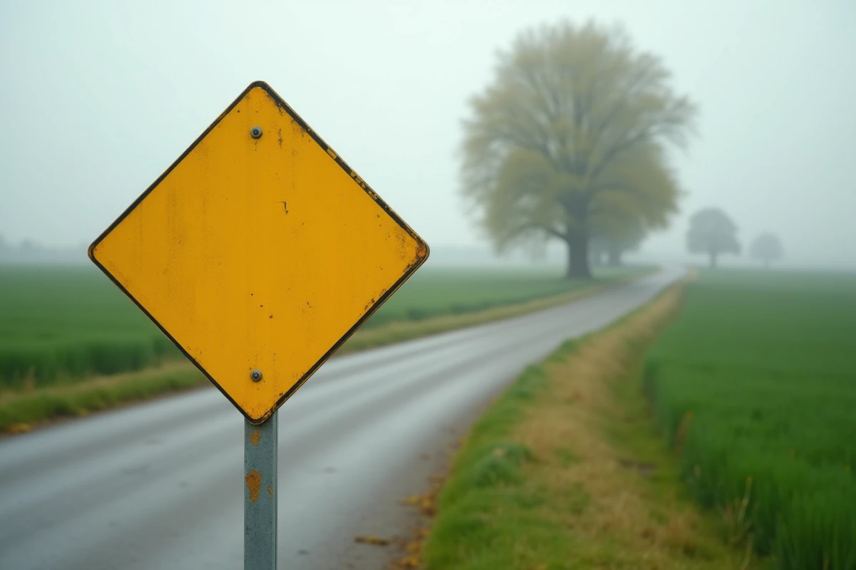 Panneau losange jaune en bord de route rurale indiquant la priorité sur route en France