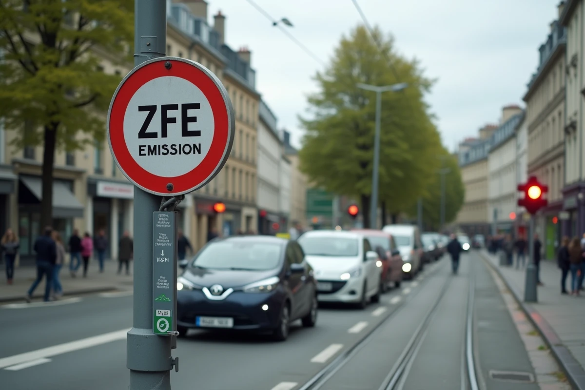 Panneau de zone à faibles émissions ZFE à une intersection de Rennes avec des véhicules en attente