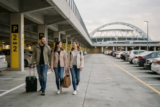 Groupe de personnes marchant sereinement dans le parking P2 du Stade de France avant un concert, avec une signalétique de guidage visible