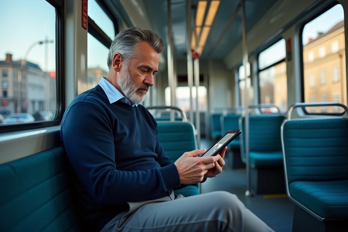Passager dans une rame de tramway T5 consultant un outil de suivi de trajet en temps réel sur tablette