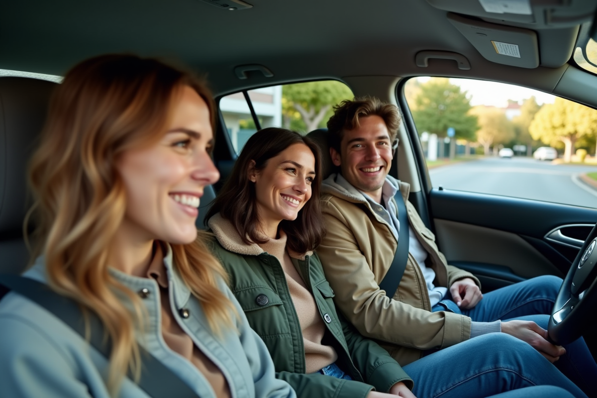 Trois collègues rient dans une voiture en préparant leur trajet