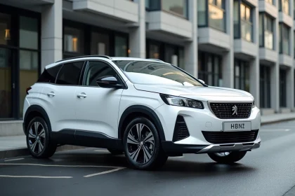 Peugeot 3008 Hybrid 136 e-DCS6 vue de profil 3/4 avant dans un environnement urbain moderne