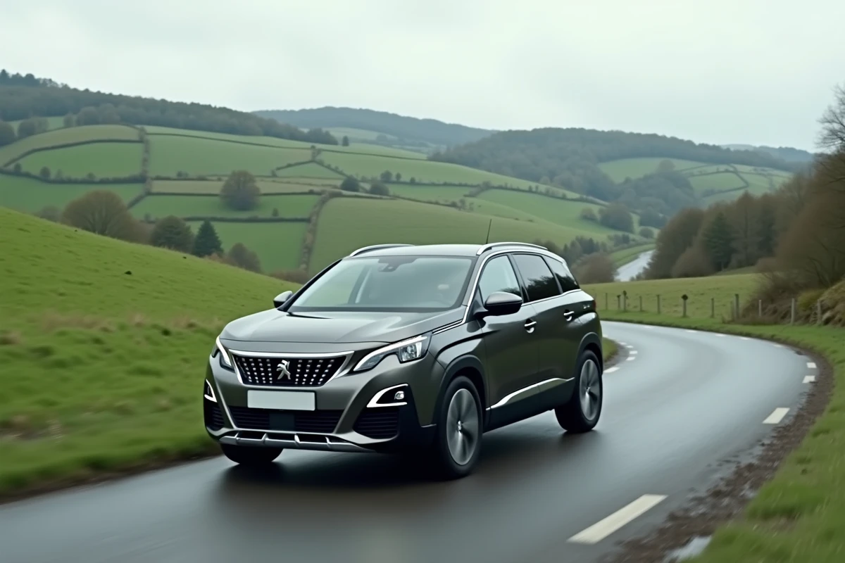 Peugeot 3008 Hybrid 2026 en conduite sur une route de campagne sinueuse entourée de collines verdoyantes