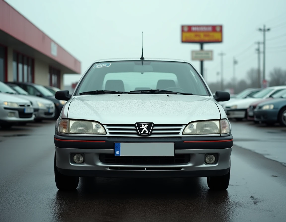Peugeot 306 Maxi d'occasion garée dans un lot de concessionnaire avec étiquette de prix visible sur le pare-brise