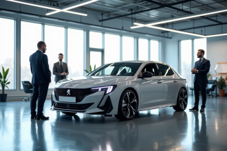 Prototype Peugeot 308 hybride en studio moderne avec ingénieurs