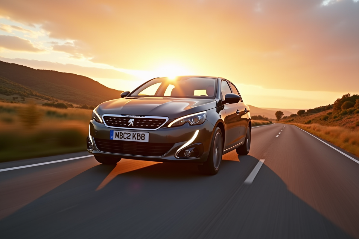 Peugeot 308 hybride en déplacement au coucher du soleil sur une route