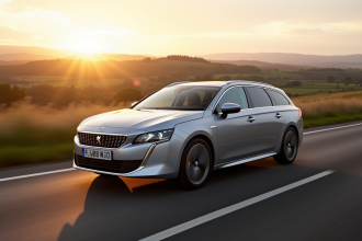 Peugeot 508 SW en campagne au lever du soleil