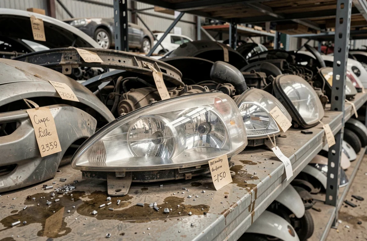 Pièces automobiles d'occasion organisées sur étagères métalliques dans un entrepôt de casse à Lille