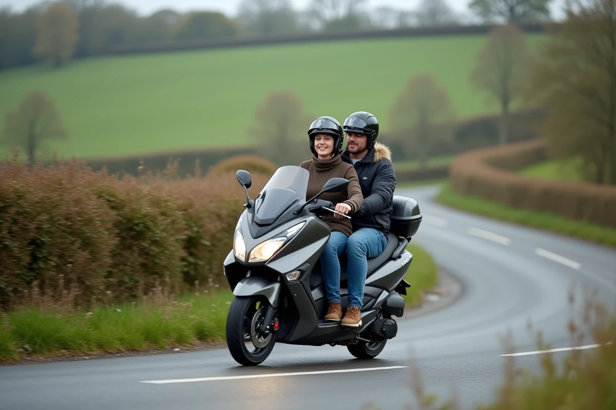 Couple pilote et passager sur un scooter Yamaha XMAX 125 gris en route de campagne, illustrant l'effet du poids combiné sur la vitesse maximale du scooter