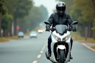 Pilote adulte en tenue de moto assis sur un scooter Yamaha XMAX 125 blanc sur une route suburbaine, illustrant l'impact du poids du pilote sur la vitesse maximale