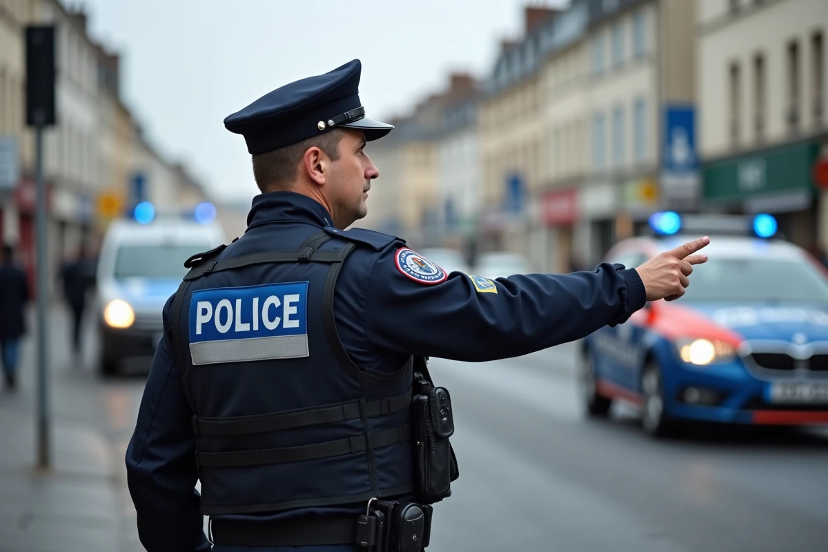 Policier de la Police Nationale en gilet réfléchissant gérant la circulation et le périmètre de sécurité après un accident à Rennes