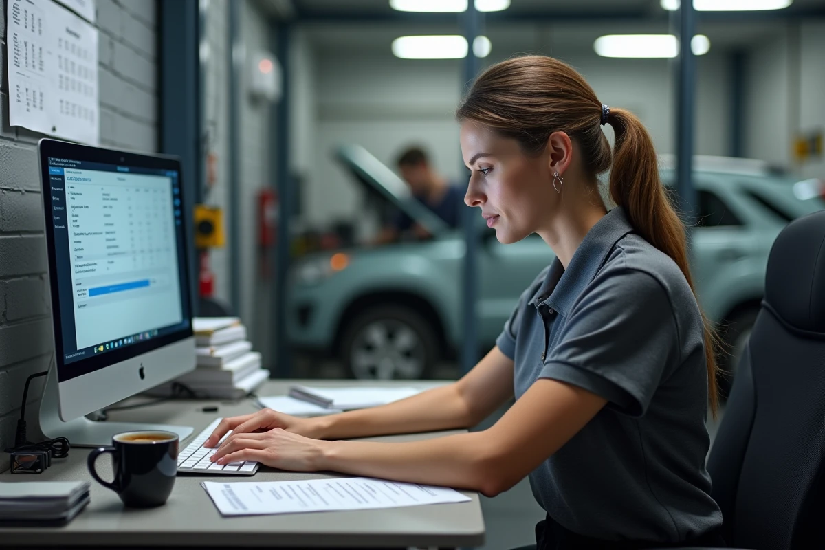 Propriétaire d'un petit garage automobile analysant le coût d'un abonnement Haynes Pro sur son ordinateur portable