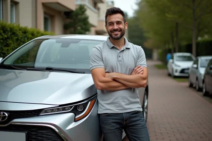 Propriétaire satisfait appuyé contre sa Toyota Corolla argentée dans une allée résidentielle après 3 ans d'utilisation