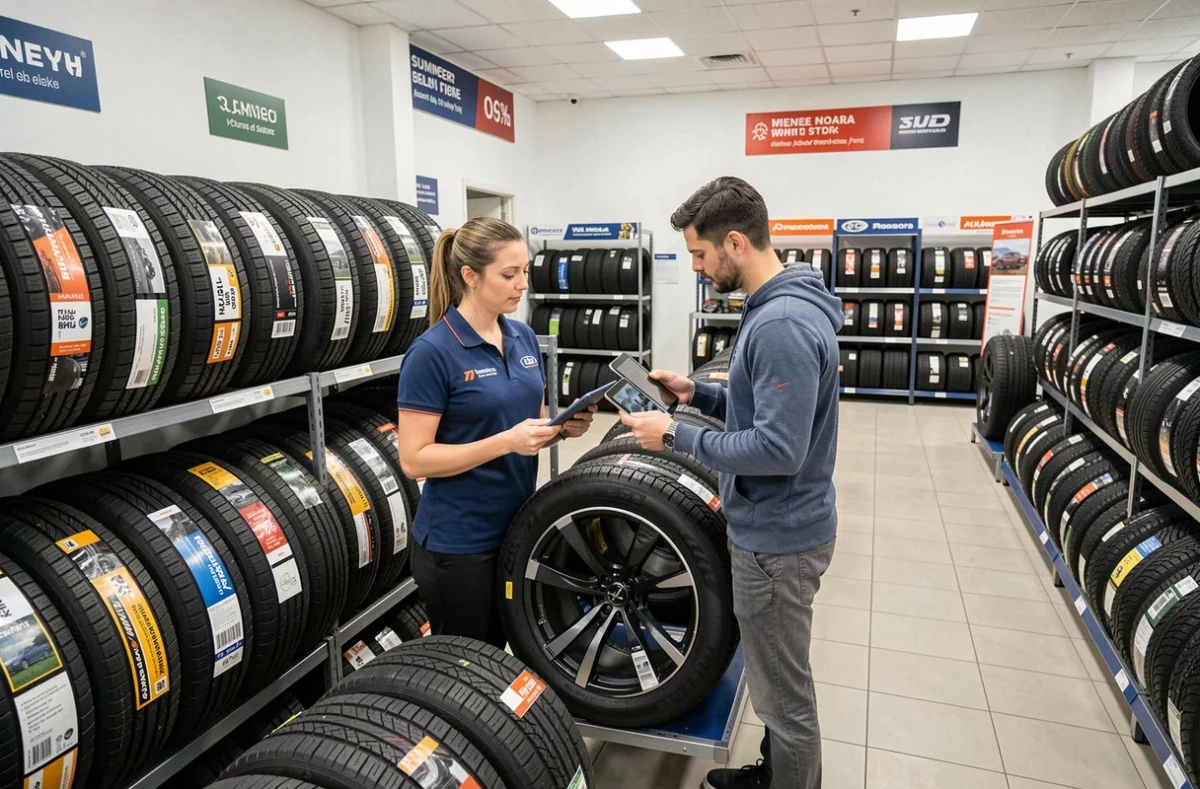 Rayon de pneus été et hiver dans un magasin Centrale Pneus avec conseillère et client