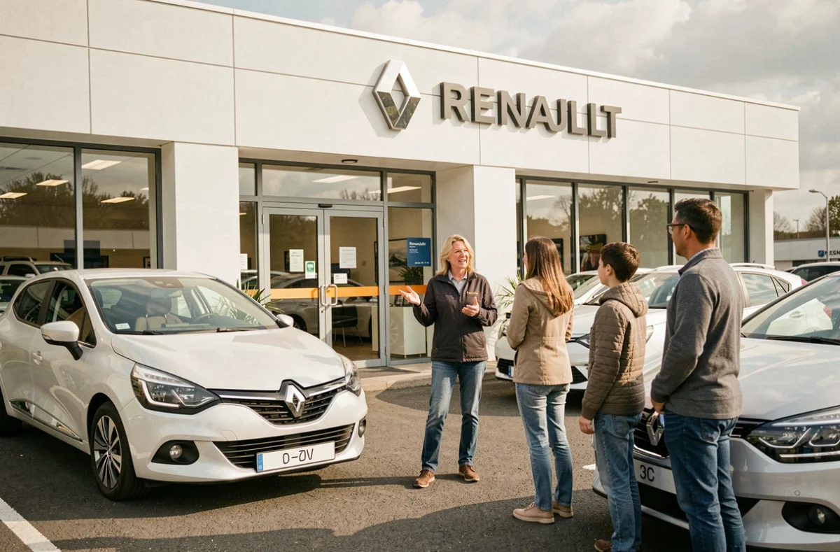 Concession Renault Angers en Maine-et-Loire avec une Clio et une Mégane exposées et une conseillère accueillant des clients