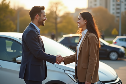 Deux jeunes professionnels se serrent la main près d'une voiture en parking