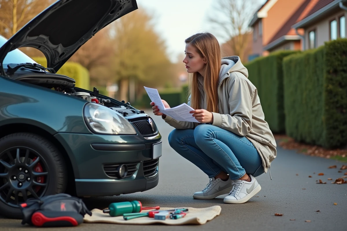 Jeune femme faisant la maintenance auto dans une cour