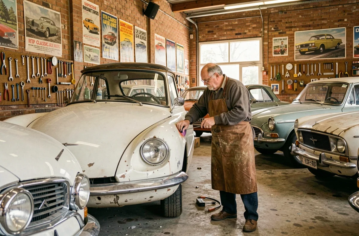 Restaurateur de Retro Classic Auto polissant le pare-chocs chromé d'une Citroën DS classique dans un atelier du Loiret