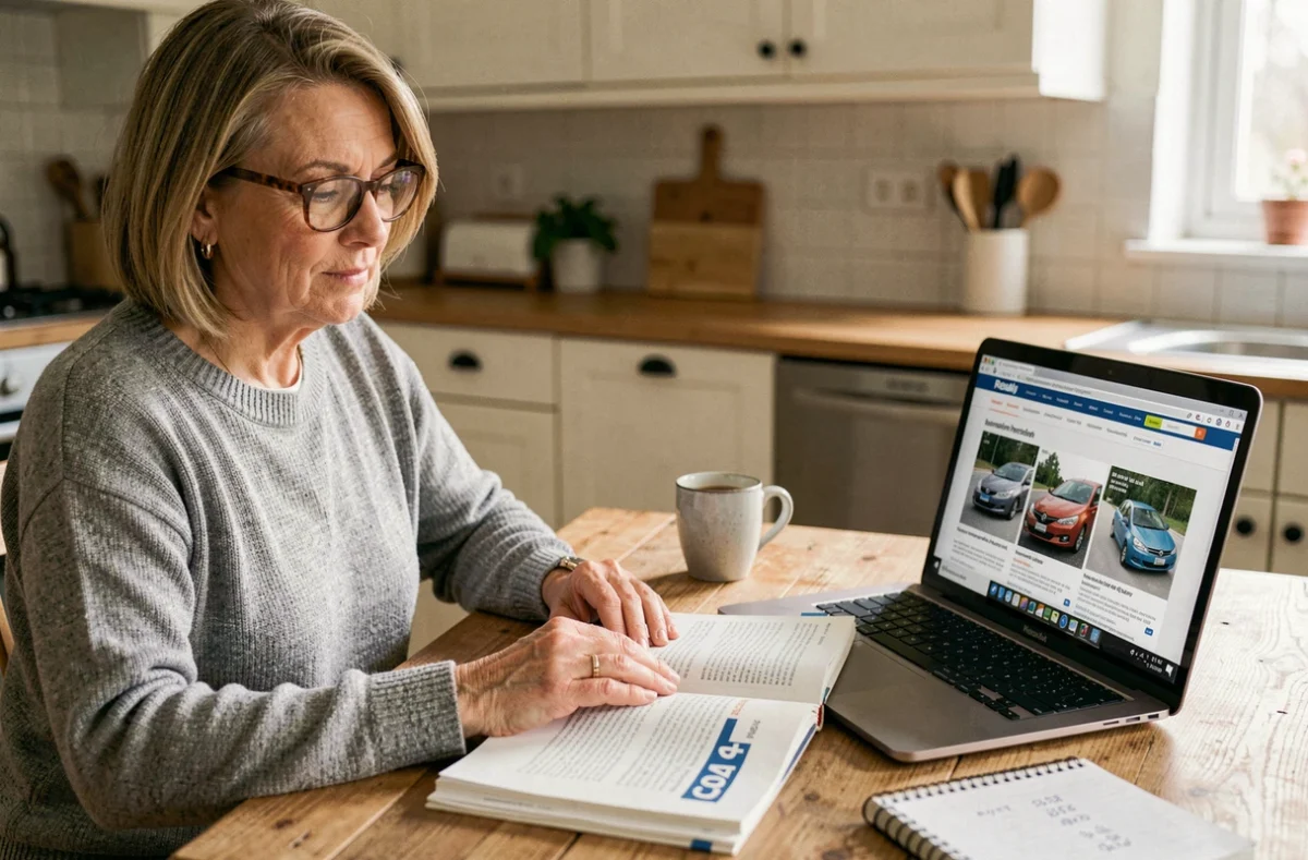 Femme consultant le manuel de sa Clio 4 et un site de diagnostic en ligne pour retrouver son code d'authentification perdu