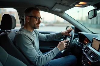 Homme appuyant sur les touches d'un autoradio dans l'habitacle d'une voiture pour saisir un code de déverrouillage