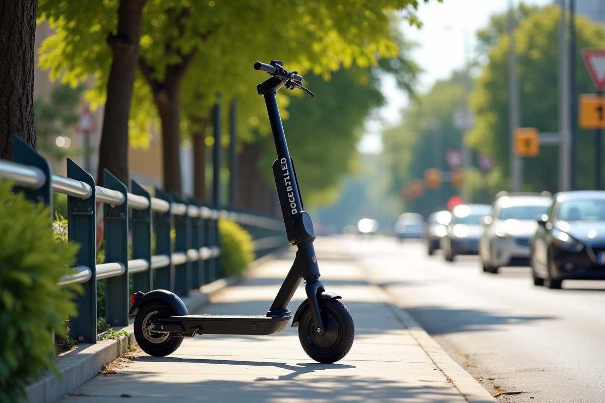 Scooter électrique verrouillé sur un trottoir en banlieue ensoleillée