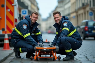 Deux secouristes du SAMU en uniforme bleu marine s'occupent d'un blessé sur une civière lors d'un accident à Rennes