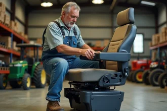 Agriculteur évaluant un siège ergonomique pour tracteur avec suspension visible dans un magasin de matériel agricole