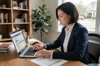 Femme consultant une simulation d'assurance auto en ligne pour voiture électrique sur un ordinateur portable à son bureau