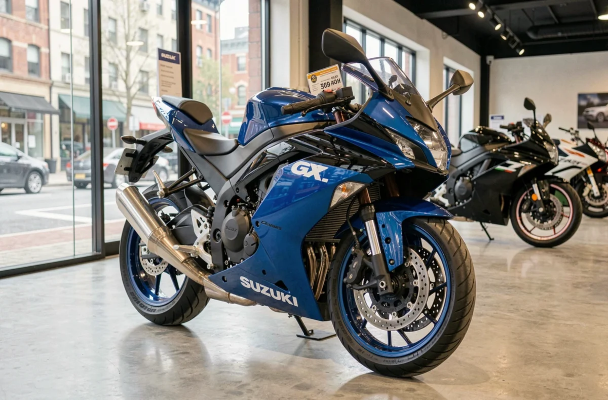 Suzuki GSX 750 exposée dans un showroom de concession moto avec fiche de prix et information d'assurance visible
