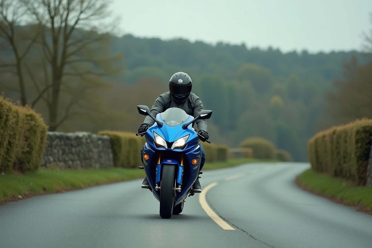 Motarde sur une Suzuki GSX-R600 sur une route de campagne sinueuse lors d'un essai routier