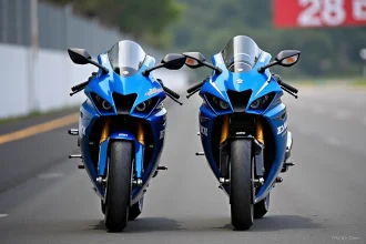 Comparaison Suzuki GSX-R600 et GSX-R750 garées côte à côte sur le paddock d'un circuit moto