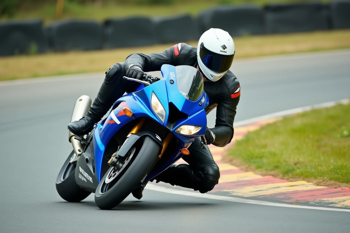Pilote en position genou à terre sur une Suzuki GSX-R750 en pleine courbe sur circuit fermé