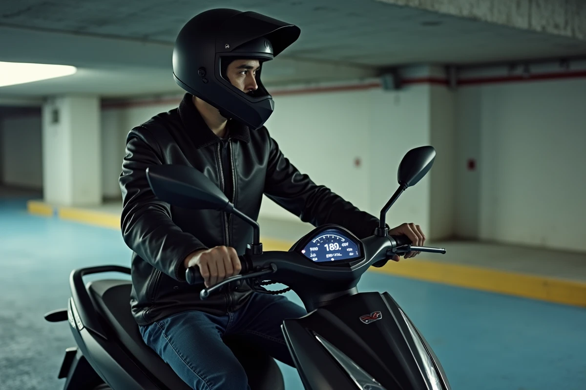 Gros plan d'un pilote adulte sur un scooter Yamaha XMAX 125 noir consultant le tableau de bord dans un parking urbain, en lien avec l'analyse de la vitesse maximale et du poids du pilote