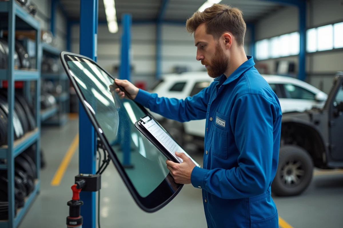 Technicien en atelier Carglass inspectant un pare-brise avec un planning de rendez-vous affiché sur le mur