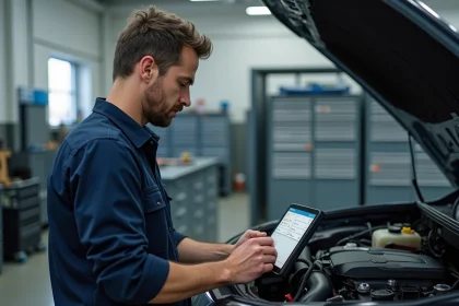 Technicien automobile connectant un diagnostic dans un atelier propre