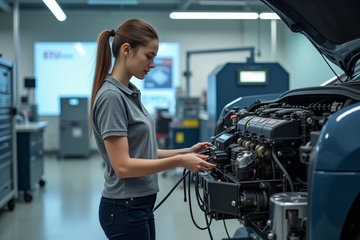 Technicienne connectant des câbles de diagnostic sur un moteur