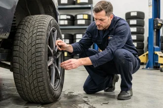 Technicien de Centrale Pneus inspectant un pneu hiver dans un atelier professionnel