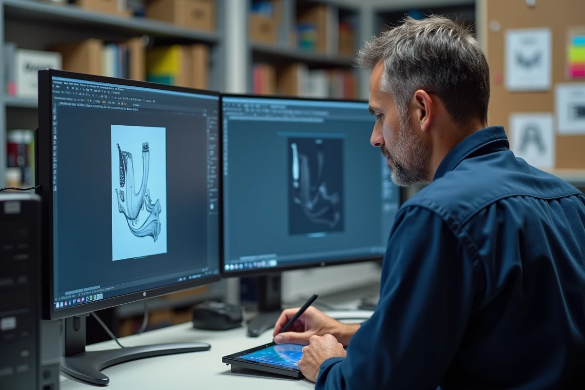 Technicien comparant un fichier vectoriel et un logo pixelisé sur écran dans un atelier d'impression professionnelle