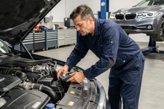 Technicien automobile indépendant effectuant un diagnostic OBD sur un moteur BMW dans un atelier moderne, alternative à la concession officielle