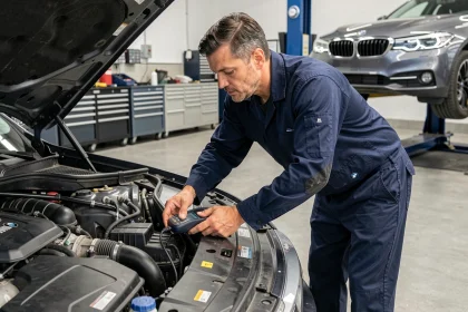 Technicien automobile indépendant effectuant un diagnostic OBD sur un moteur BMW dans un atelier moderne, alternative à la concession officielle