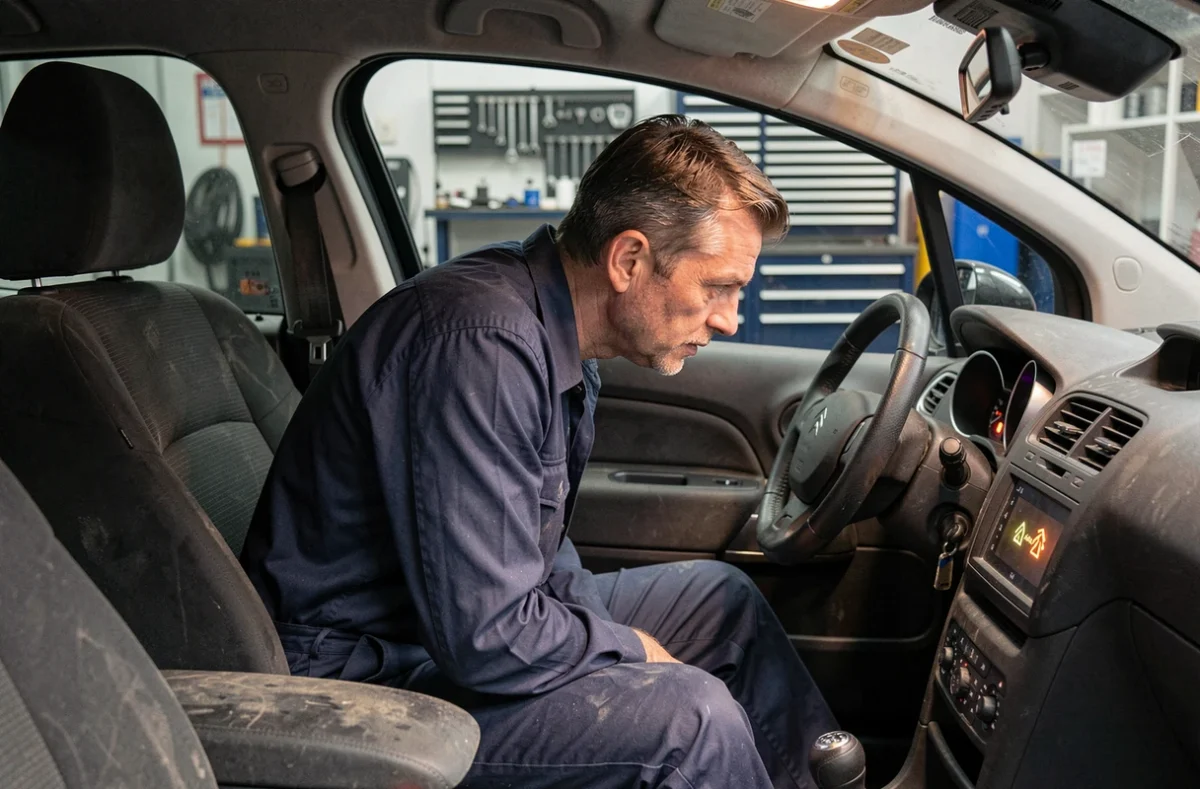 Technicien automobile examinant les voyants AdBlue et FAP sur le tableau de bord d'une Citroën C3