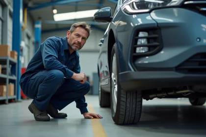 Technicien automobile inspectant le système d'échappement d'un véhicule diesel BlueHDi 120 dans un garage professionnel