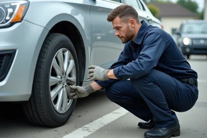 Technicien automobile inspectant la profondeur de la bande de roulement d'un pneu avant usé avec un outil de mesure dans un parking urbain